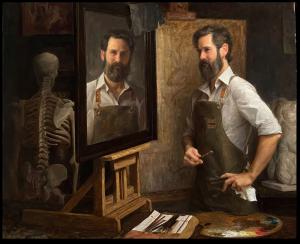 "Self Portrait" by Louis Carr shows the artist painting himself in a studio, with a skeleton and various art tools in view.