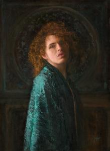 JuliAnne Jonker's "Dionysus" depicts a person with voluminous curly hair in a teal jacket, gazing over their shoulder against a dark, textured background.
