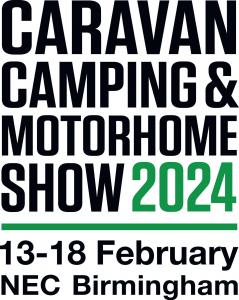 black text that reads Caravan Camping & Motorhome Show with 2024 in green text. A green line is underneath those words, then in black text, it reads 13-18 February NEC Birminhsm