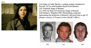 Photos of victim Cathy Sposito and serial predator Bryan Scott Bennett, as well as a Snapshot DNA phenotyping composite created by Parabon from crime scene DNA.  Courtesy of Yavapai County Sheriff's Office.