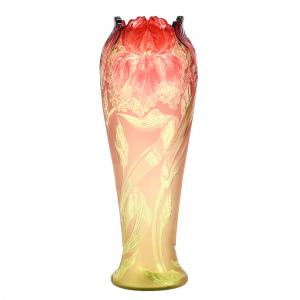 Stevens & Williams vase in the Iris design, 18 inches tall, boasting incredible color and quality and one of the nicest examples Woody Auction has sold. It brought $20,000 on April 1, 2023.