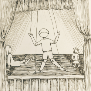 Hand draw picture of Pinocchio on a stage being moved by strings attached to it's feet and hands, curtains surrounding the stage with two other girl puppets sitting on the stage.