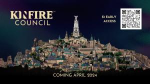 Illustration of Din'Lux, an overcrowded metropolis in the fantasy world of Atios-- the setting of the Kinfire series. There's a logo for Kinfire Council in the top left corner and a QR code that links to learn more about the Early Access program. At the b
