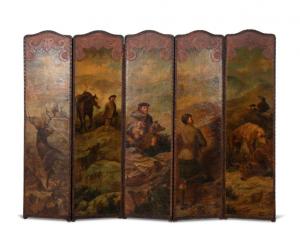 Circa 19th century oil on canvas and leather five-panel floor screen by R. R. Cole, titled Stalking in the Highlands, depicted a hunt party with dogs and stags in the Scottish Highlands ($10,890).