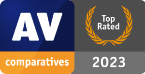 AV-Comparatives certification with logo for the top-rated security product of the Year 2023.