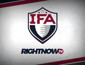 An image of the International Football Alliance logo and the Right Now TV logo with stripes that match the leagues colors.