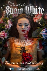 Actor Sanae Loutsis as Snow White covered in blood laying in a bed of flowers holding a single rose with the title, "The Death of Snow White"