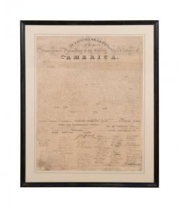 Framed 1818 copperplate engraving on paper broadside of The Declaration of Independence by Benjamin Owen Tyler (1789-1855), 29 inches by 20 ¼ inches (paper) (est. $10,000-$20,000).