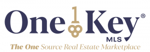 Blue, gold, and white logo for OneKey MLS, the ONE Source Real Estate Marketplace, containing the text OneKey MLS and a gold key icon.