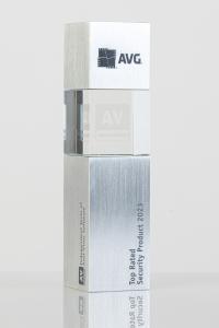 Trophy with the inscription of AVG Top-Rated Security Product 2023 and the logo of AV-Comparatives