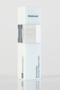 Trophy with the inscription of Bitdefender Outstanding Security Product 2023 and the logo of AV-Comparatives