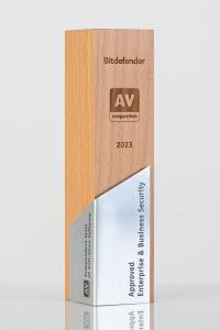 Trophy with the inscription of Bitdefender Approved Enterprise & Business Security 2023 and the logo of AV-Comparatives