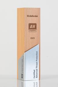 Trophy with the inscription of Bitdefender Certified Advanced Threat Protection 2023 and the logo of AV-Comparatives