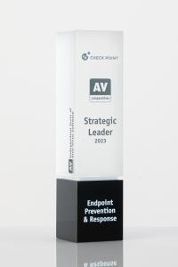 Trophy with the inscription of Check Point Strategic Leader - Endpoint Prevention & Response 2023 and the logo of AV-Comparatives