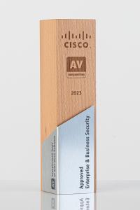 Trophy with the inscription of CISCO Approved Enterprise & Business Security 2023 and the logo of AV-Comparatives