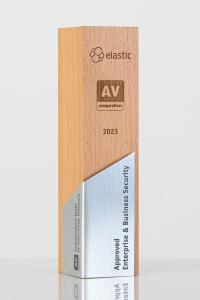 Trophy with the inscription of Elastic Approved Enterprise & Business Security 2023 and the logo of AV-Comparatives