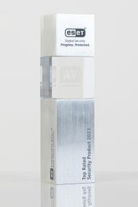 Trophy with the inscription of ESET Top-Rated Security Product 2023 and the logo of AV-Comparatives