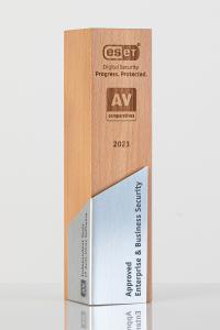 Trophy with the inscription of ESET Approved Enterprise & Business Security 2023 and the logo of AV-Comparatives