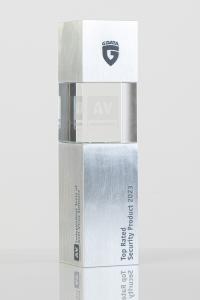 Trophy with the inscription of G DataTop-Rated Security Product 2023 and the logo of AV-Comparatives