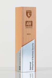 Trophy with the inscription of G Data Approved Enterprise & Business Security 2023 and the logo of AV-Comparatives