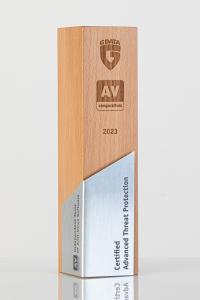 Trophy with the inscription of G Data Certified Advanced Threat Protection 2023 and the logo of AV-Comparatives