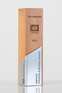 Trophy with the inscription of K7 Computing Approved Enterprise & Business Security 2023 and the logo of AV-Comparatives