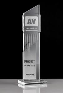 Trophy with the inscription of Kaspersky Product of the Year 2023 and the logo of AV-Comparatives