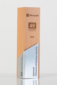 Trophy with the inscription of Microsoft Approved Enterprise & Business Security 2023 and the logo of AV-Comparatives