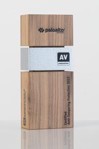 Trophy with the inscription of Palo Alto Networks Certified Anti-Tampering Protection 2023 and the logo of AV-Comparatives