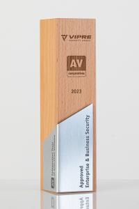 Trophy with the inscription of VIPRE Approved Enterprise & Business Security 2023 and the logo of AV-Comparatives
