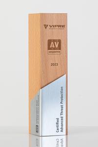 Trophy with the inscription of VIPRE Certified Advanced Threat Protection 2023 and the logo of AV-Comparatives