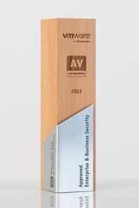 Trophy with the inscription of VMware Approved Enterprise & Business Security 2023 and the logo of AV-Comparatives