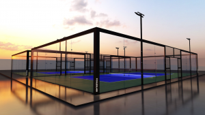 PICKLEGLASS™ SOUNDPROOF GLASS PICKLEBALL COURT AND TENNIS. SINGLE COURT SHOWN IN BEAUTIFUL DUSK SETTING