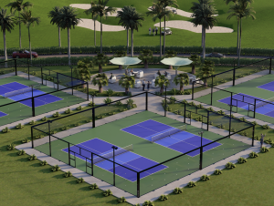 PICKLEGLASS™ SOUNDPROOF GLASS PICKLEBALL COURT COUNTRY CLUB. GLASS PICKLEBALL COURT FENCING LOCATED IN GOLF COURSE SETTING.