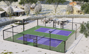 PICKLEGLASS™ SOUNDPROOF GLASS PICKLEBALL COURT EXTREME WEATHER. GLASS PICKLEBALL COURTS IN WINTER MOUNTAIN SETTING.