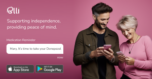 Elli Cares mobile app, a 50 year old woman and her son sharing a moment.