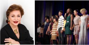 A photo collage of Maria Manetti Shrem's headshot and a group of ArtSmart students holding hands and singing on stage