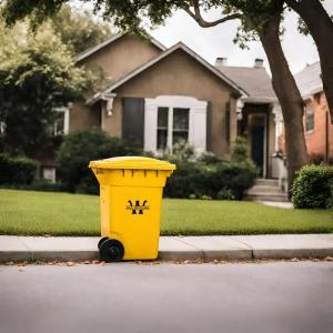 Picture of one a garbage collection bin sitting on the curb.