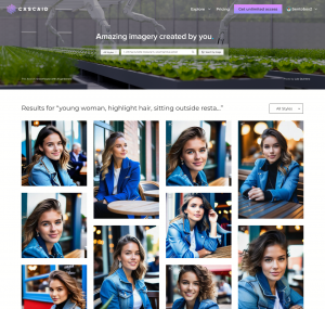 Cascaid's search/create results of a young woman, highlight hair, sitting outside a restaurant wearing a blue jacket