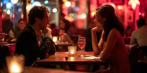 A couple on a speed date at a cocktail lounge.