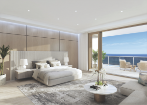 Rendering of a bedroom with an ocean view.