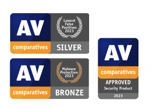 AV-Comparatives certification with logo for the approved Security Product, Anti-Phishing Silver and Malware Protection Bronze of the Year 2023.