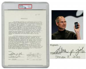 Lot 432 is a Steve Jobs signed release authorizing the audio use of his NeXT demonstration in 1988 as part of a series relating to computers and information technology. PSA/DNA slabbed and graded GEM MINT 10 (est. $30,000-$40,000).