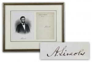 Lot 84 is an Abraham Lincoln signature (boldly signed as “A. Lincoln”) on a leaf of “Executive Mansion” stationery and displayed with an etching of Lincoln (est. $8,000-$10,000).