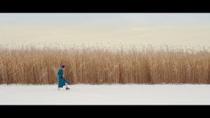 A photo of a person walking across a frozen landscape captured during the film Frozen Out by Hao Zhou.