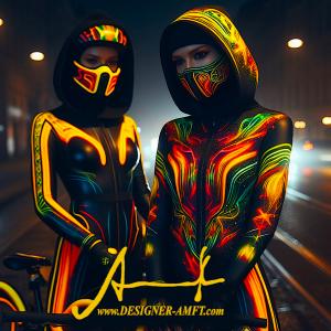 Models display the new elitist futurism neon streetwear outfits from the autumn-winter collection of German fashion designer Torsten Amft - campaign picture with logo