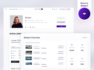 An image showing a listing page for a Broker with a picture of a professional woman. A purple badge says Welcome, Brokers!