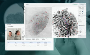 Image composed of two mugshots of a man and two fingerprint examples. Caption is •	MegaMatcher Criminal Investigation is designed for criminal case management and biometric evidence analysis.