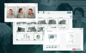 Image composed of 3 mugshots of a man, a mugshot of a woman and multiple images of fingerprints and handprints. Caption: •	The new MegaMatcher Criminal IDRS enables law enforcement officers to collect biographic, biometric and criminal records through liv