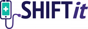 Text logo with the words SHIFTit Health accompanied by a vector image that combines a stethoscope and mobile phone that plugs in to the S of the word Shift in the logo.